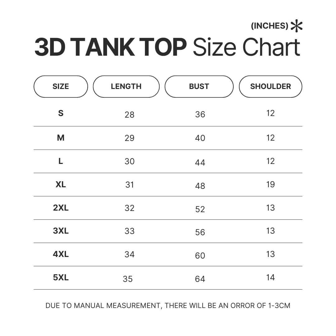 3D Tank Top Size Chart 1 - Dragon Ball Z Store