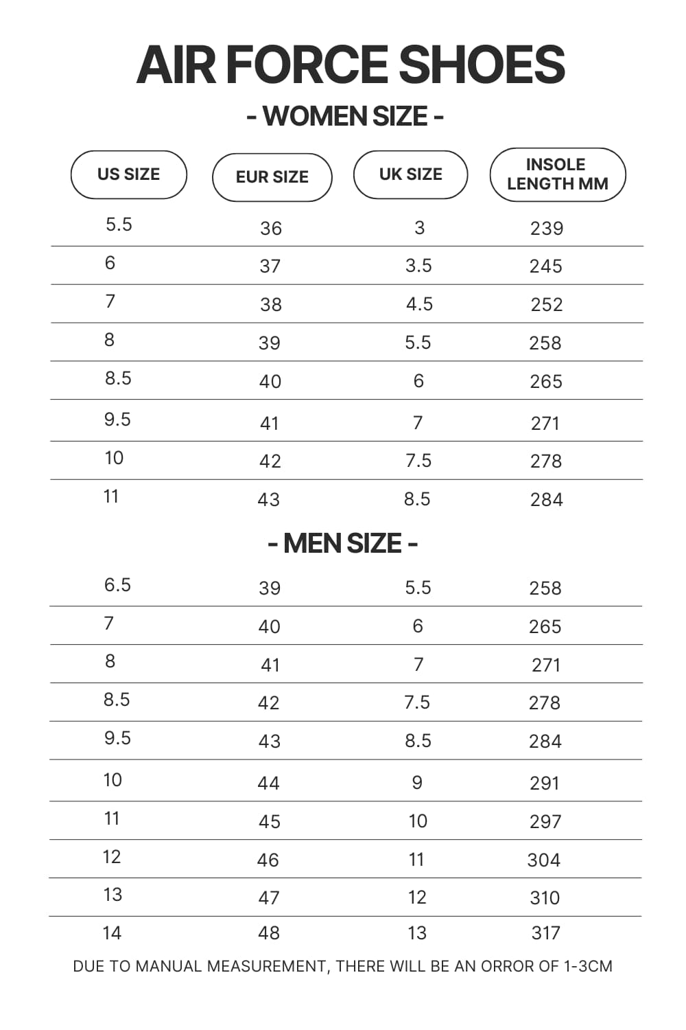 Air Force Shoes Size Chart - Dragon Ball Z Store