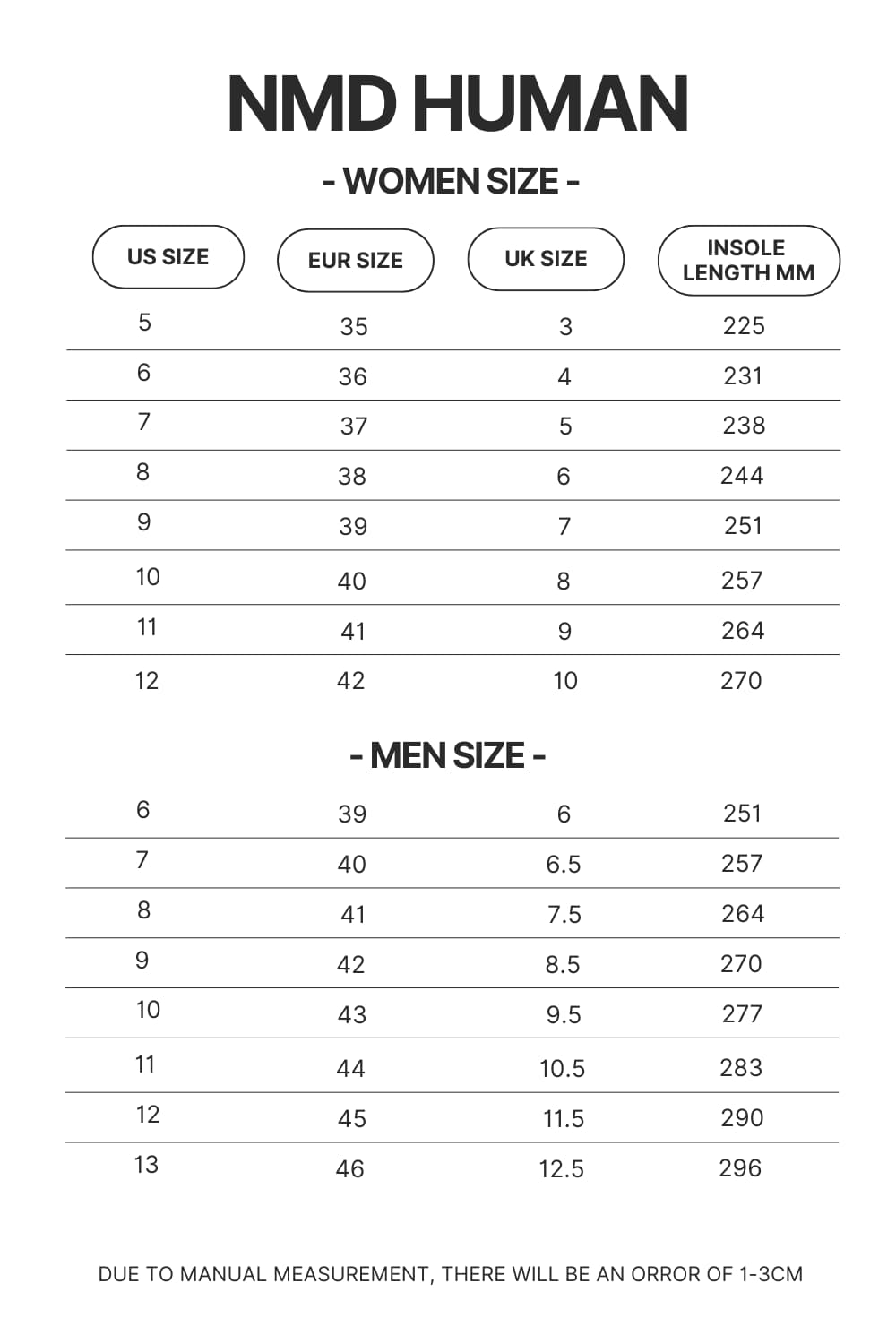 NMD Human Shoes Size Chart - Dragon Ball Z Store