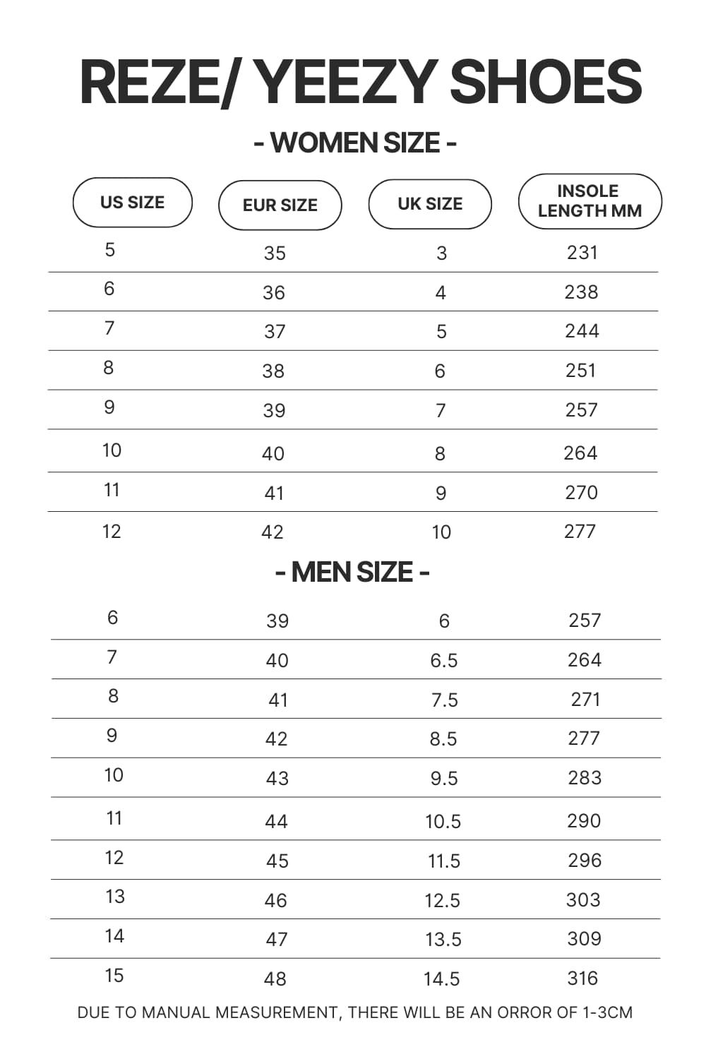 Reze Yeezy Shoes Size Chart - Dragon Ball Z Store