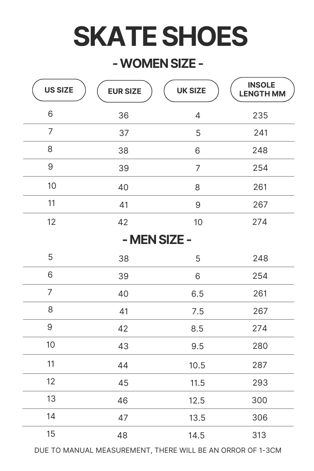 Skate Shoes Size Chart - Dragon Ball Z Store